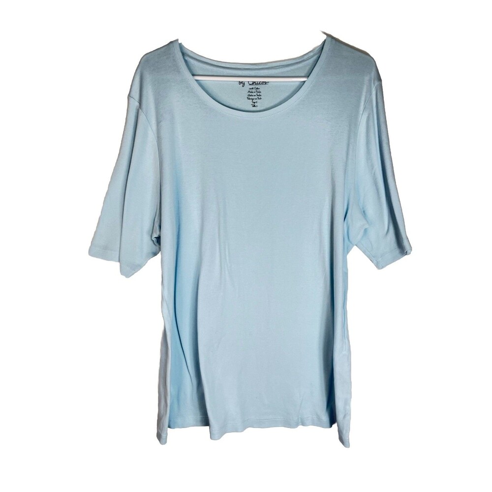 Chicos sz XL 3 Light Blue Top Short Sleeve 100% Cotton Blouse top